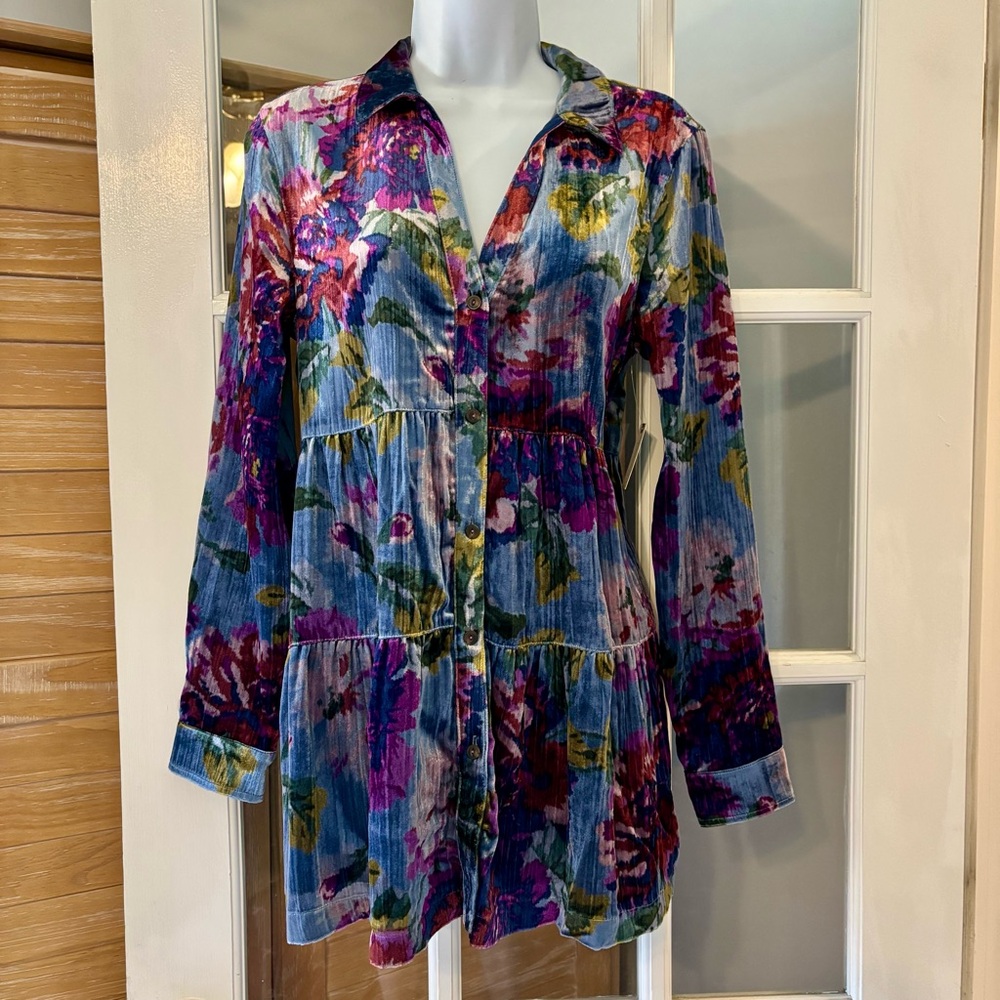 Anthropologie Blue Multi Floral Velvet Tiered Button-Up Tunic NWT - Picture 7 of 10